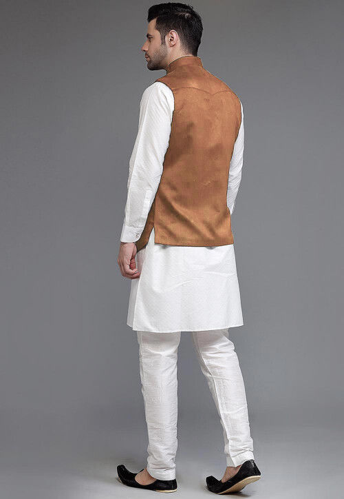 Solid Color Art Silk Kurta Set in Off White