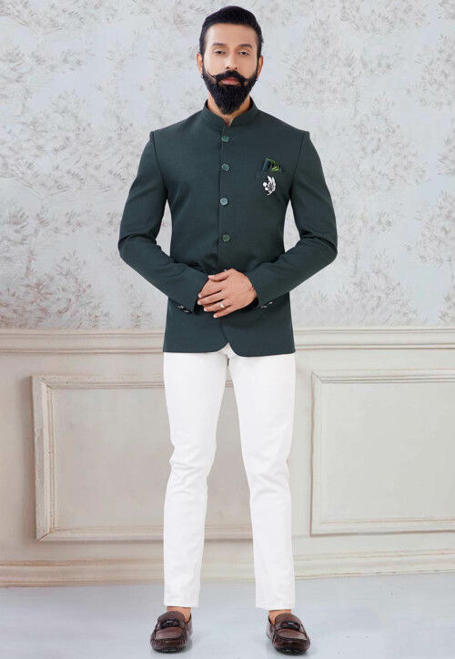 Solid Color Art Silk Jodhpuri Suit in Dark Green