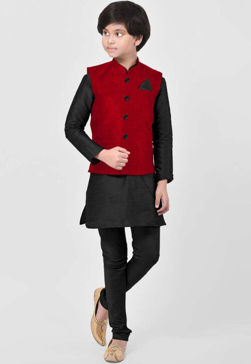 Solid Color Art Silk Kurta Jacket Set in Black and Red