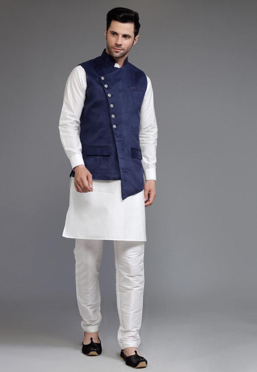 Buy Solid Color Art Silk Kurta Jacket Set in Off White and Navy Blue Online MXX393 Utsav Fashion