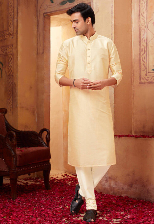 Solid Color Art Silk Kurta Set in Beige