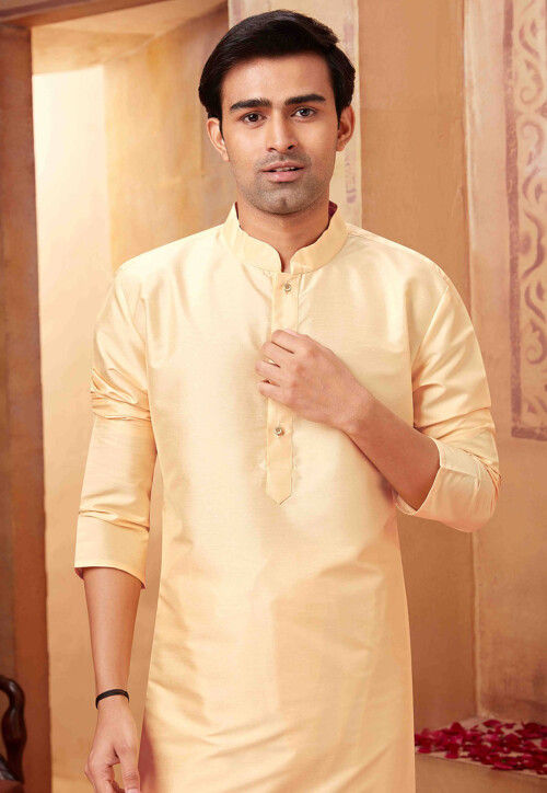Solid Color Art Silk Kurta Set in Beige