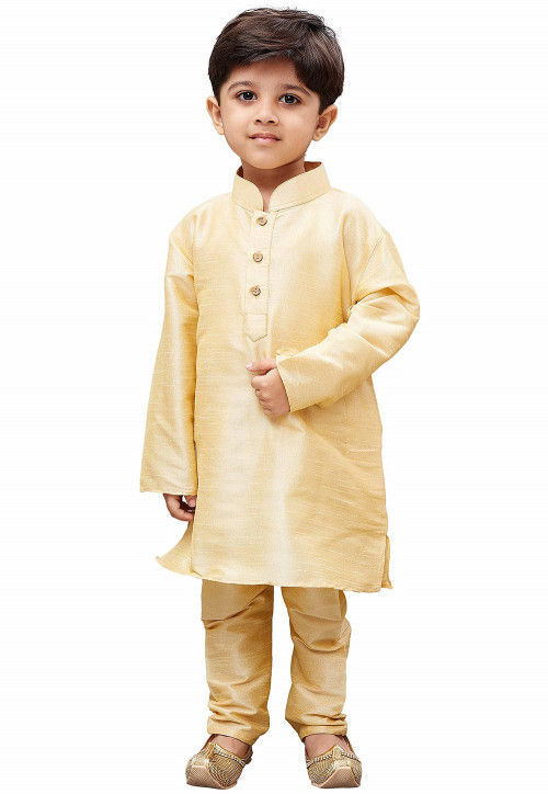 Solid Color Art Silk Kurta Set in Beige
