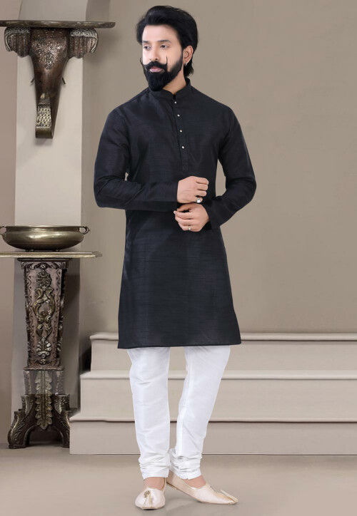 Solid Color Art Silk Kurta Set in Black