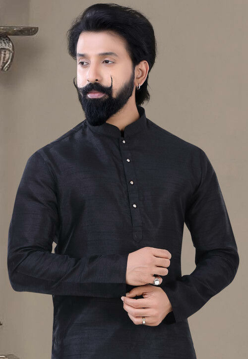 Solid Color Art Silk Kurta Set in Black
