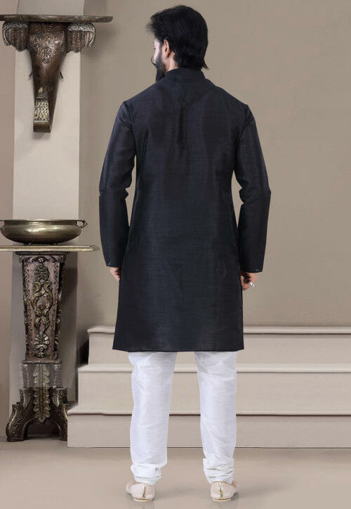 Solid Color Art Silk Kurta Set in Black