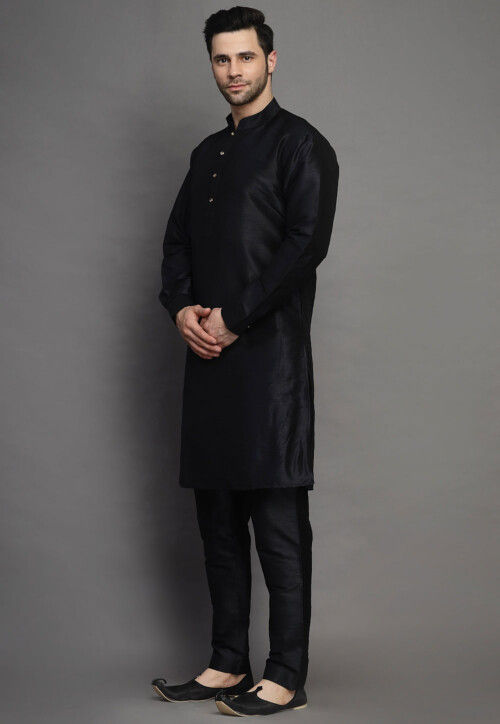 Solid Color Art Silk Kurta Set in Black
