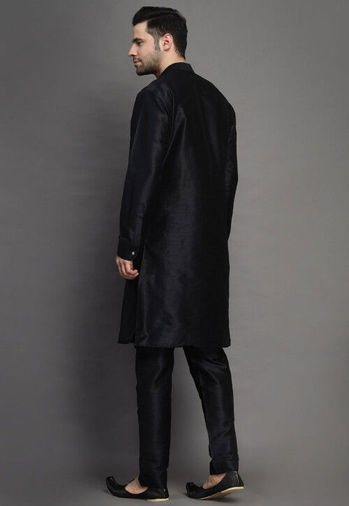 Solid Color Art Silk Kurta Set in Black