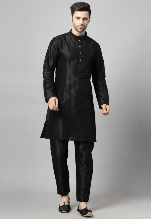 Solid Color Art Silk Kurta Set in Black