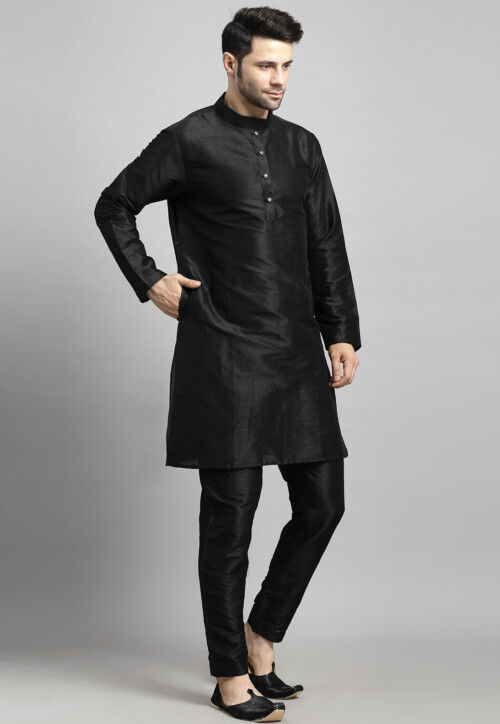 Solid Color Art Silk Kurta Set in Black