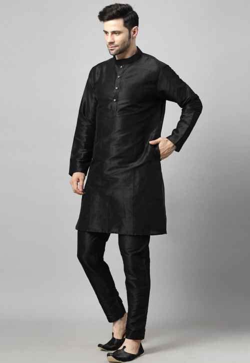 Solid Color Art Silk Kurta Set in Black