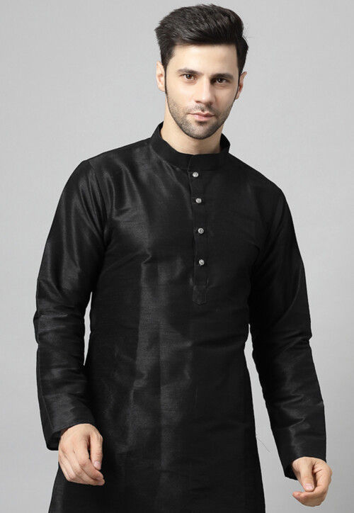 Solid Color Art Silk Kurta Set in Black
