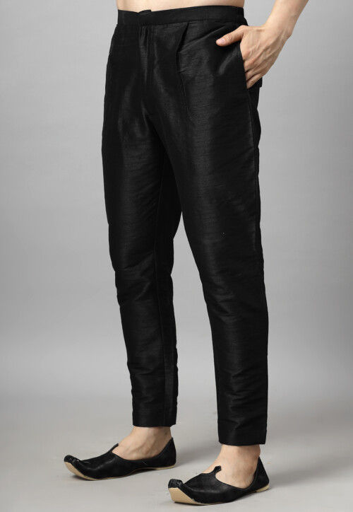 Solid Color Art Silk Kurta Set in Black