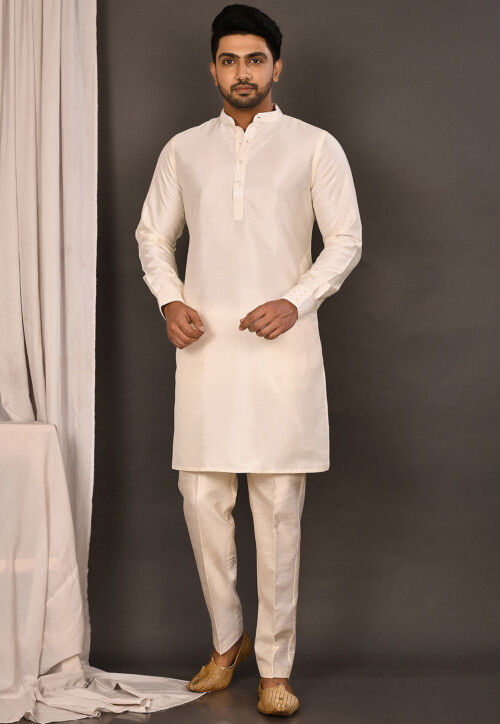 Solid Color Art Silk Kurta Set in Cream
