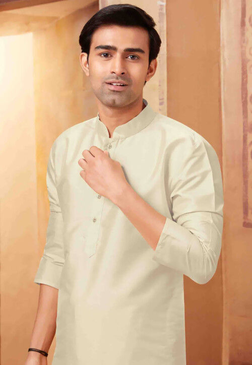 Solid Color Art Silk Kurta Set in Light Beige