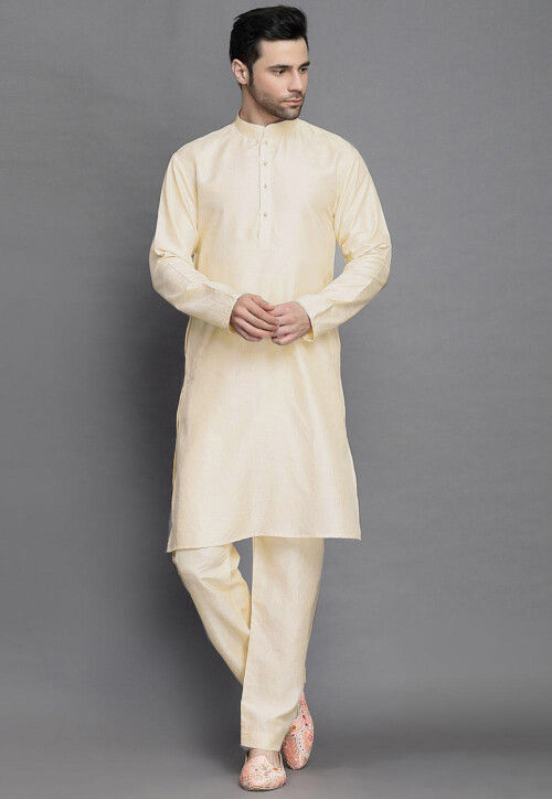 Solid Color Art Silk Kurta Set in Light Beige