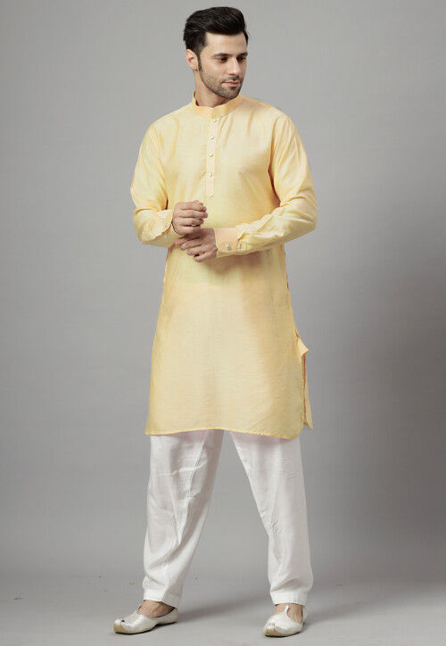 Solid Color Art Silk Kurta Set in Light Biege