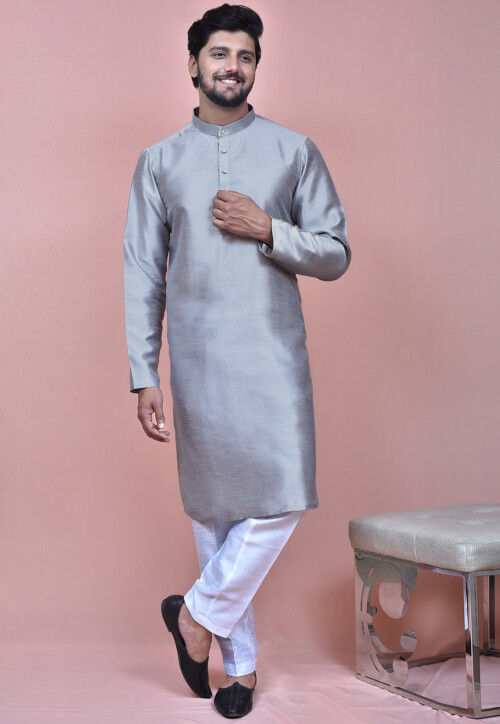 Solid Color Art Silk Kurta Set in Light Blue