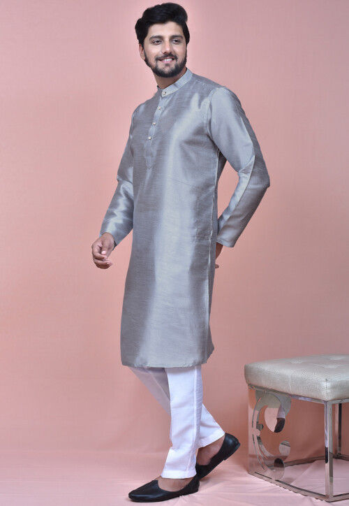 Solid Color Art Silk Kurta Set in Light Blue