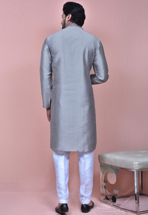 Solid Color Art Silk Kurta Set in Light Blue