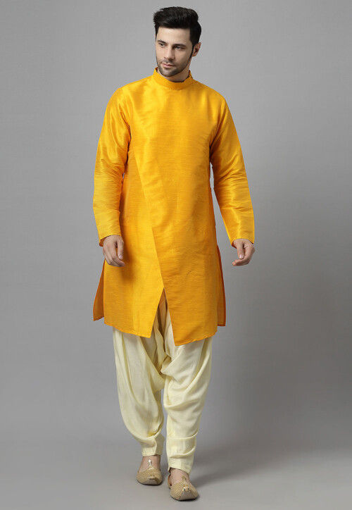 Solid Color Art Silk Kurta Set in Mustard
