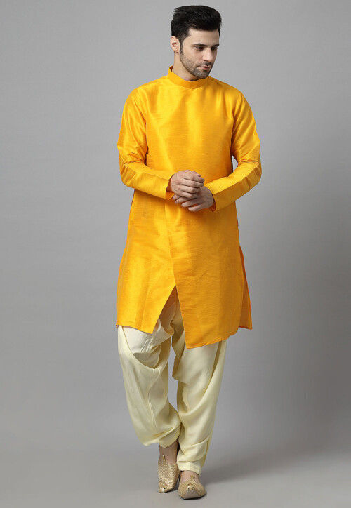 Solid Color Art Silk Kurta Set in Mustard
