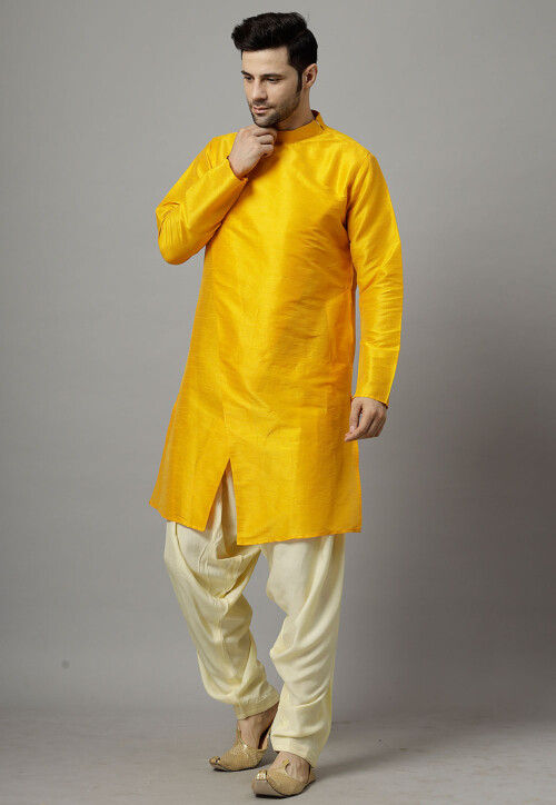 Solid Color Art Silk Kurta Set in Mustard