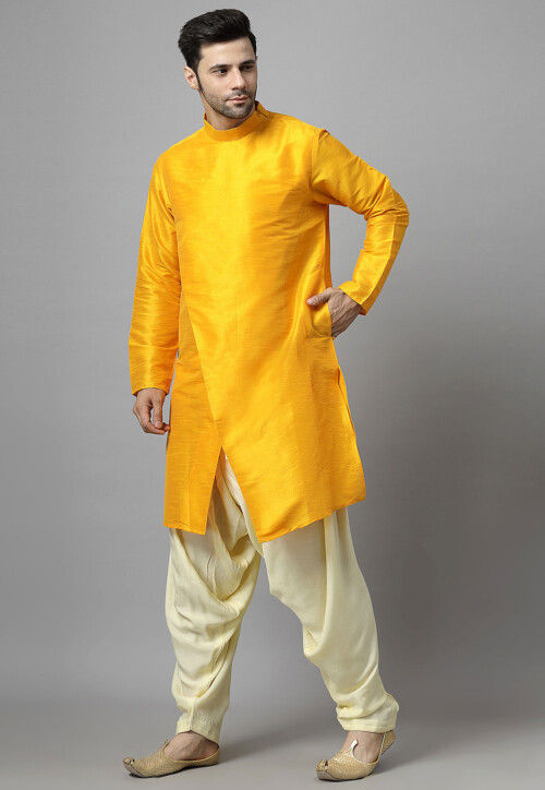 Solid Color Art Silk Kurta Set in Mustard