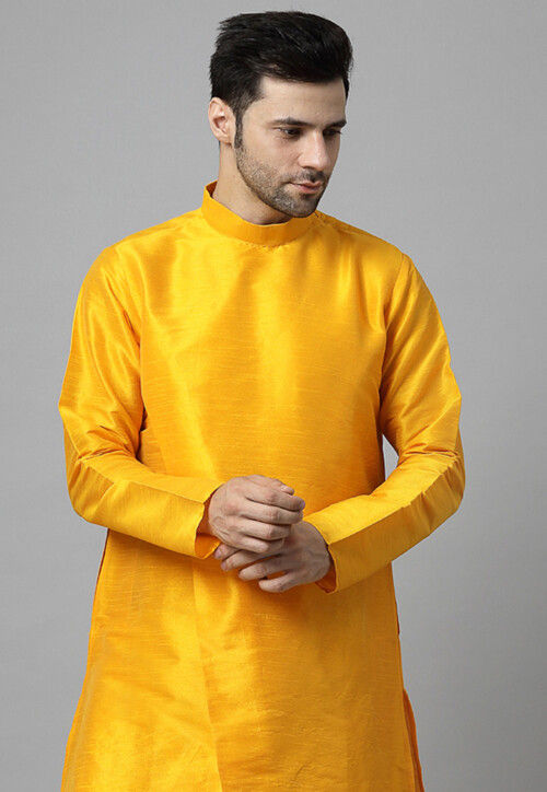 Solid Color Art Silk Kurta Set in Mustard