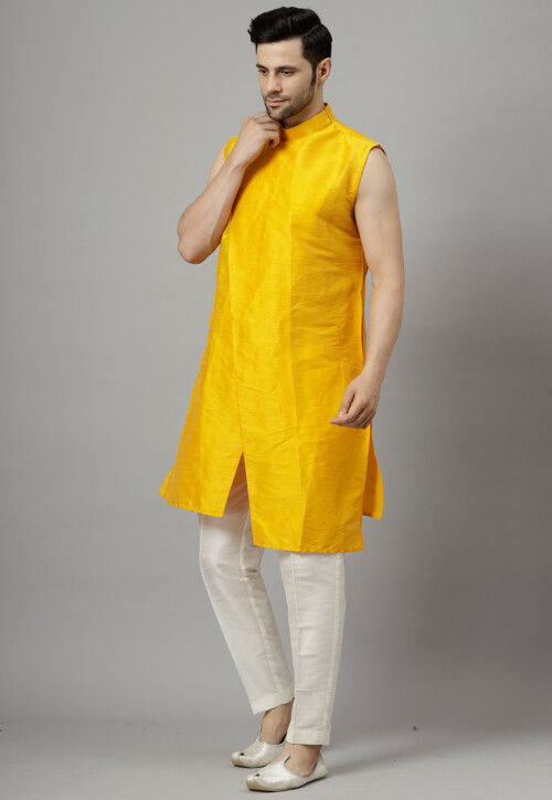 Solid Color Art Silk Kurta Set in Mustard