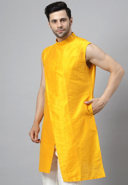 Solid Color Art Silk Kurta Set in Mustard