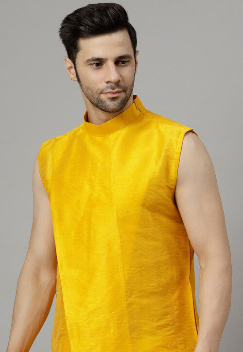Solid Color Art Silk Kurta Set in Mustard