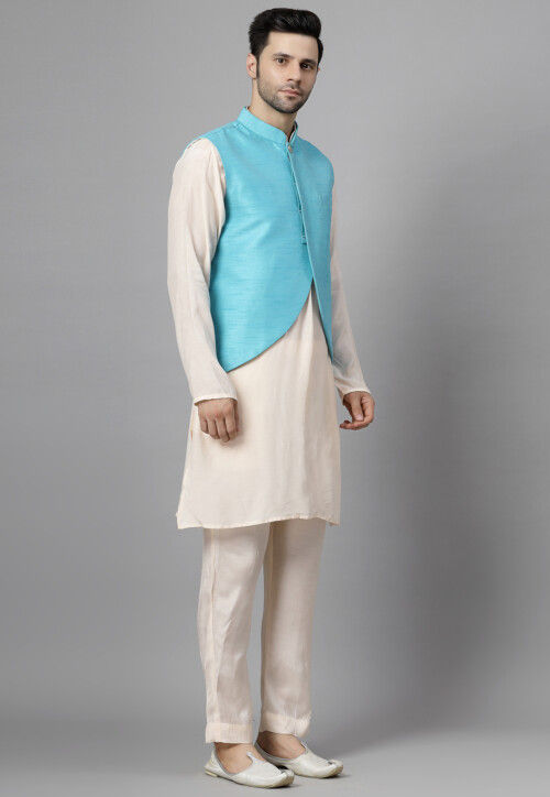Solid Color Art Muslin Silk Kurta Set in Off White