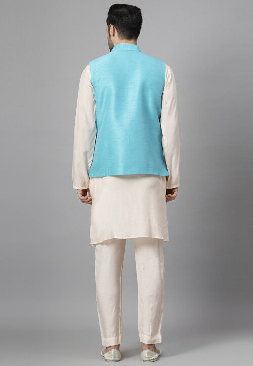 Solid Color Art Muslin Silk Kurta Set in Off White