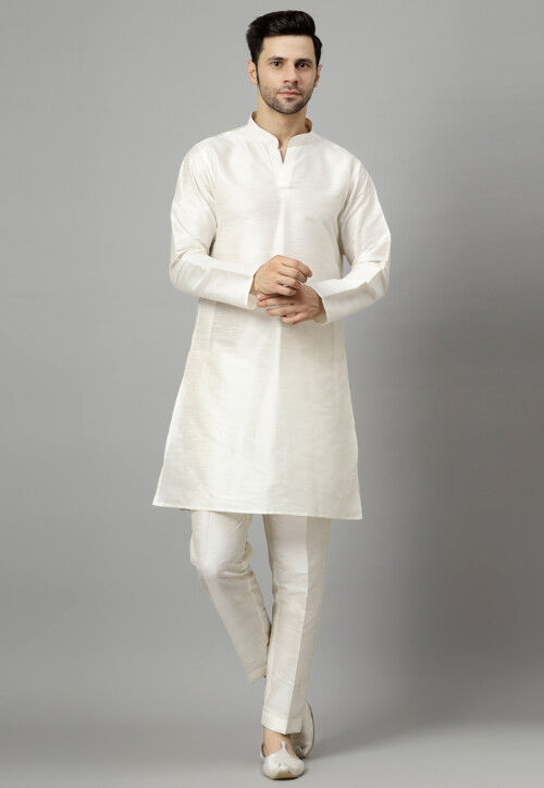 Solid Color Art Muslin Silk Kurta Set in Off White