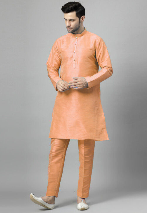 Solid Color Art Silk Kurta Set in Pastel Orange