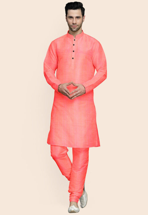 Solid Color Art Silk Kurta Set in Peach