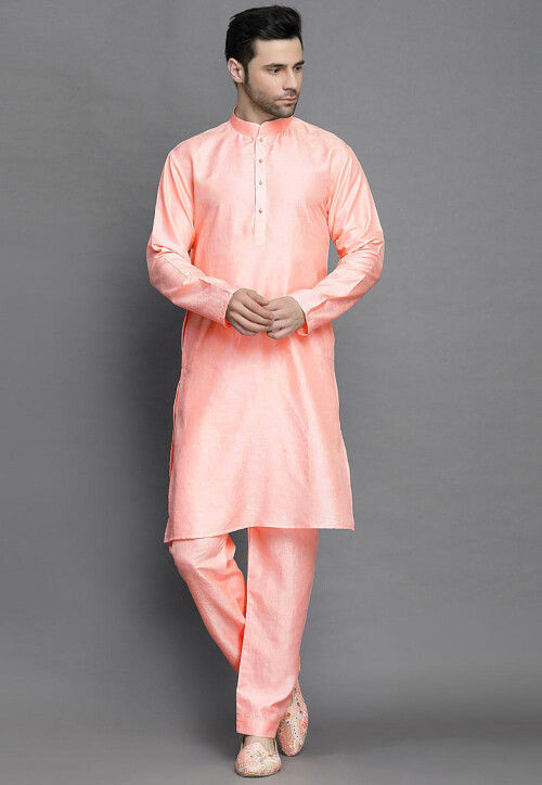 Solid Color Art Silk Kurta Set in Peach