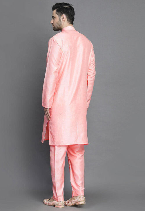 Solid Color Art Silk Kurta Set in Peach