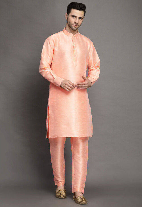 Solid Color Art Silk Kurta Set in Peach