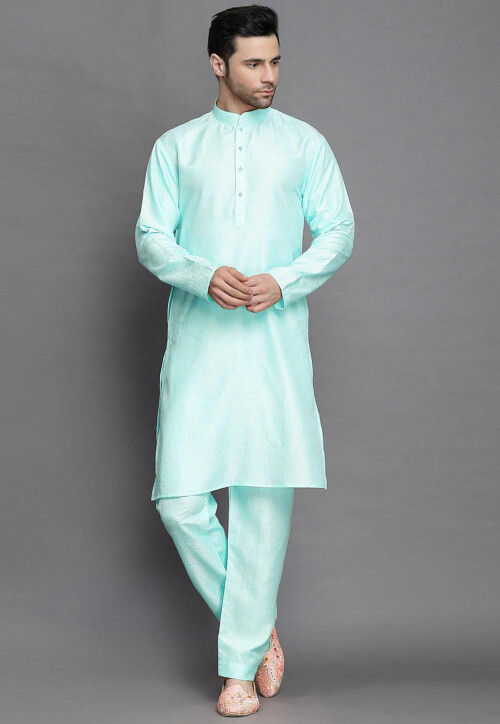 Solid Color Art Silk Kurta Set in Sea Green