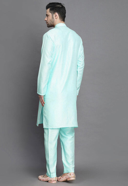 Solid Color Art Silk Kurta Set in Sea Green
