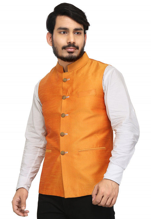 Solid Color Art Silk Nehru Jacket in Orange