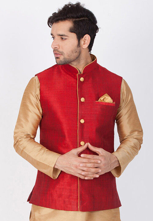 Solid Color Art Silk Nehru Jacket in Red
