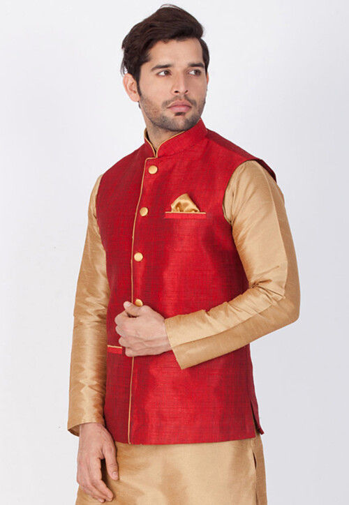 Solid Color Art Silk Nehru Jacket in Red