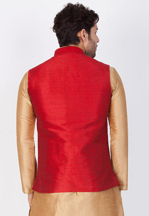 Solid Color Art Silk Nehru Jacket in Red