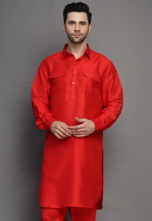 UtsavFashion Solid Color Art Silk Paithani Kurta in Red