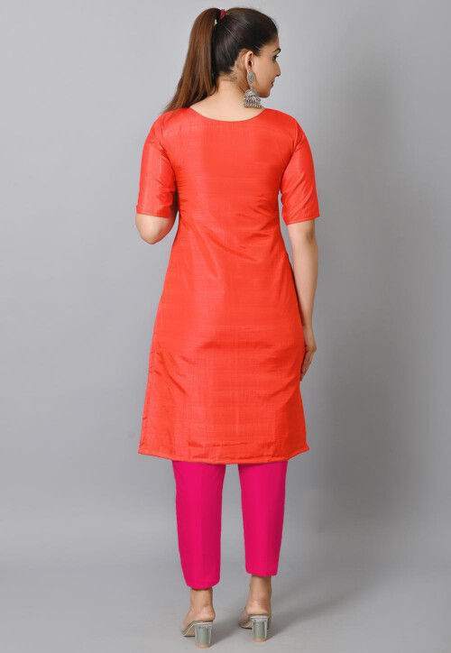 Solid Color Art Silk Pakistani Suit in Red