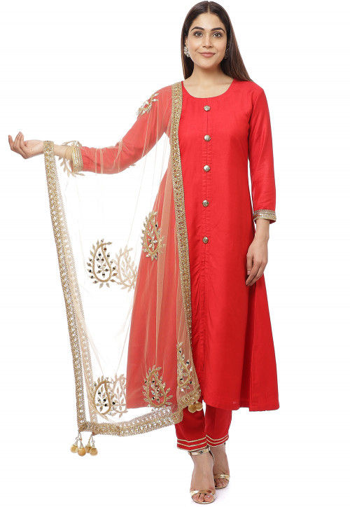 Solid Color Art Silk Pakistani Suit in Red