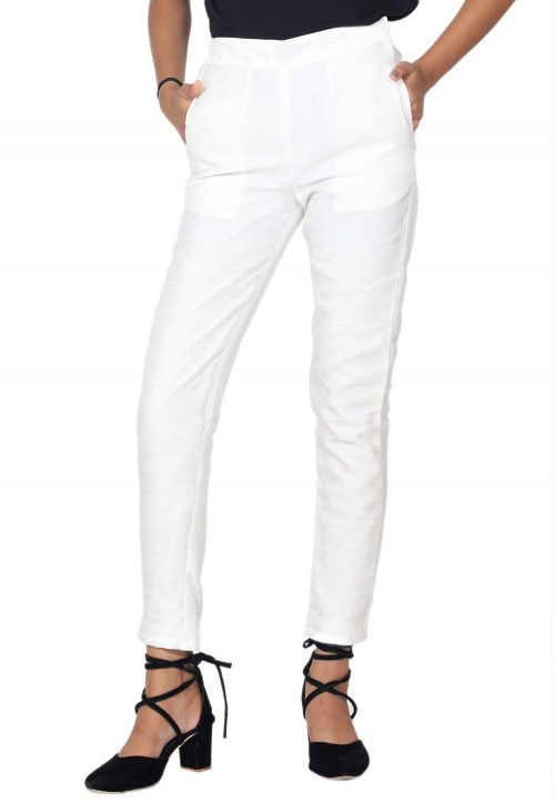 Solid Color Art Silk Pant in White